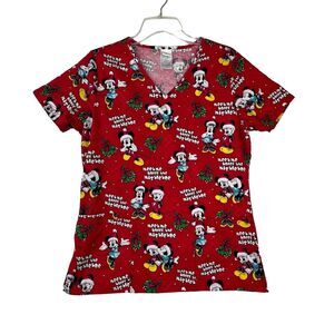 DISNEY Mickey Mouse Christmas Scrub Top Womens Small Red Cotton V Neck Nurse